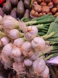 A close-up of a bunch of white spring onions with pale bulbs and long light tan roots, arranged in front of green scallions, with avocados and brown onions in the background.